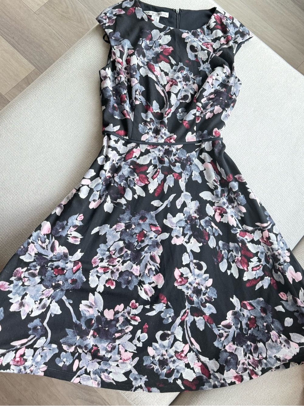 Maggy London Floral Midi Dress with Pink and Gray Accents